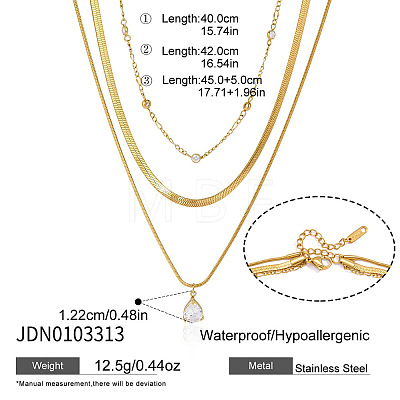 304 Stainless Steel Pave Clear Cubic Zirconia Teardrop Pendant 3 Layer Necklaces for Women WGFD083-01-1