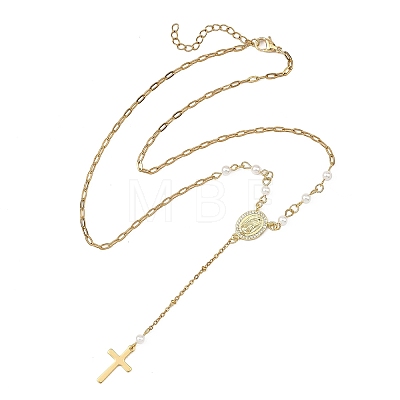 304 Stainless Steel Paperclip Chain and Shell Pearl Rosary Bead Necklaces NJEW-JN06248-1