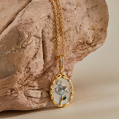 Vintage Brass Pave Clear Cubic Zirconia Enamel Oval with Flower Pendant Necklaces for Women WGF0AA9-01-1