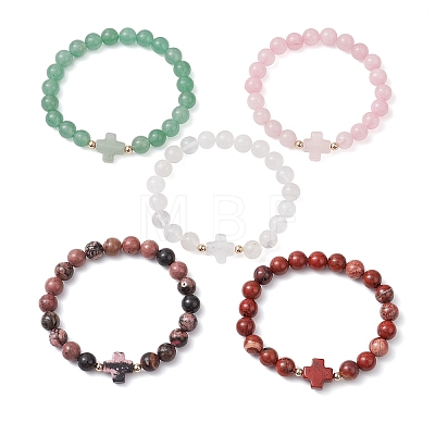 8mm Round & Cross Natural Mixed Gemstone Beaded Stretch Bracelets for Women BJEW-JB10930-1