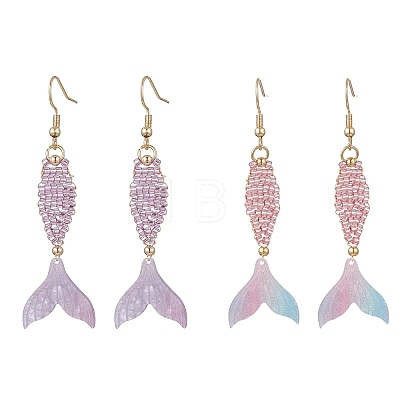 2 Pairs 2 Colors Fishtail Glass Seed Beaded Dangle Earrings EJEW-MZ00698-1