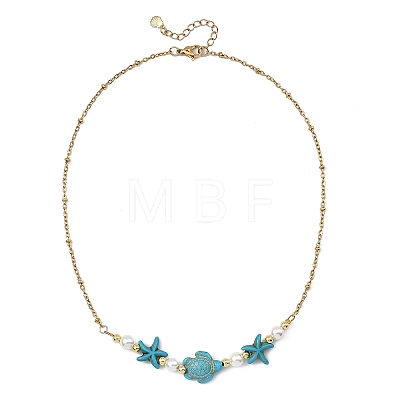 Ocean Synthetic Turquoise Starfish Turtle and Round Shell Pearl Beaded Necklaces NJEW-JN06168-1