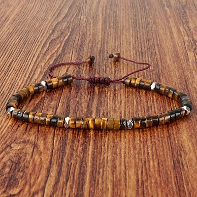 Natural Tiger Eye Heishi Beads Adjustable Braided Bracelets for Men Women BX7041-4-1