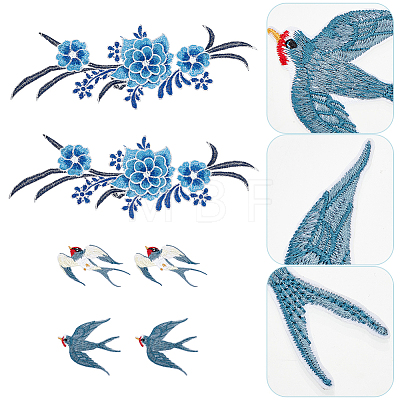 WADORN 6Pcs 4 Style Swallow & Flower Computerized Embroidery Iron on/Sew on Patches PATC-WR0001-02-1