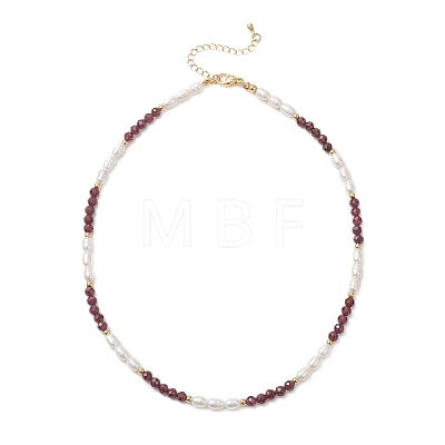 Faceted Round Natural Garnet and Rice Natural Pearl Beaded Necklaces for Women NJEW-JN05816-01-1
