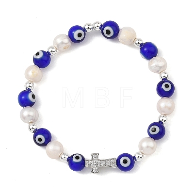 Evil Eye Lampwork and Natural Cultured Freshwater Pearl Beaded Stretch Bracelets BJEW-JB14283-02-1