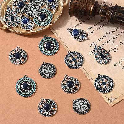 6Pcs 6 Styles Bohemian Alloy with Dyed Natural Gemstone Pendants and Alloy Enamel Pendants FIND-CJ0005-90-1