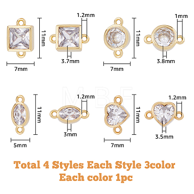 12Pcs 12 Styles Brass Pave Clear Cubic Zirconia Connector Charms KK-FH0005-86-1