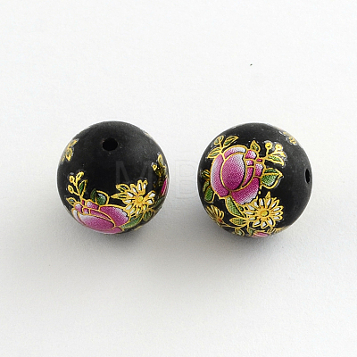 Flower Picture Brushwork Glass Round Beads GFB-R004-14mm-M21-1