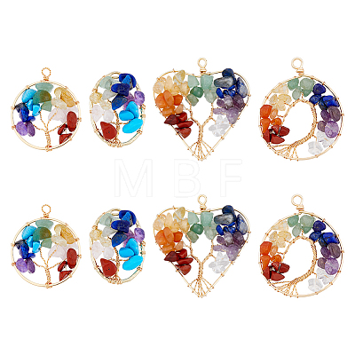 HOBBIESAY 8Pcs 4 Styles 7 Chakra Gemstone Copper Wire Wrapped Chips Pendants G-HY0001-41-1