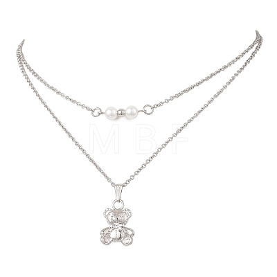 Alloy Bear and White Round Pendant 304 Stainless Steel Cable Chain Double Layer Necklaces for Women NJEW-JN05758-02-1