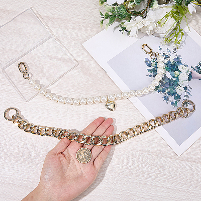 2Pcs 2 Styles Aluminum Chain & White Round Plastic Imitaiton PearlBeaded Bag Extender Chains HJEW-BM0001-43-1