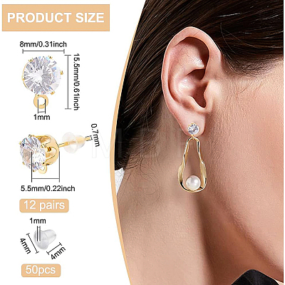 12 Pairs Flat Round Brass Clear Cubic Zirconi Stud Earring Findings KK-BC0008-77-1