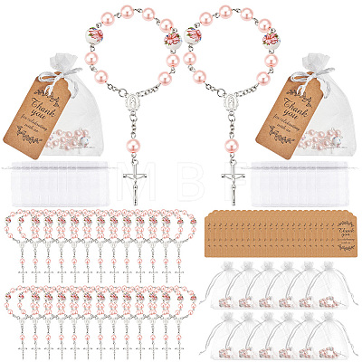 50Pcs Plastic Imitation Pearl and Porcelain Round Link Metal Virgin Cross Charm Rosary Bracelets BJEW-WA0001-07B-1