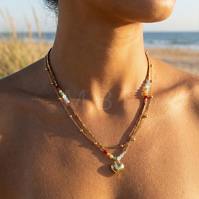 Rainbow Glass & Natural Stone & Brass Beaded Stainless Steel Chain Double Layer Necklaces with Heart Pendant for Beach Vacation Accessories TH6527-1-1