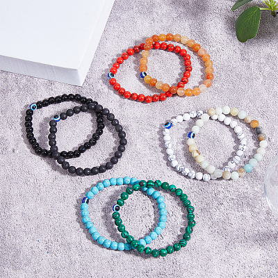 FIBLOOM 8Pcs 8 Style Natural & Synthetic Mixed Gemstone & Evil Eye Round Beaded Stretch Bracelets Set BJEW-FI0001-48-1