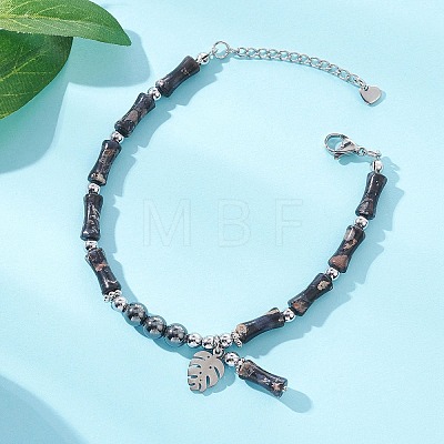 304 Stainless Steel Leaf Charm Bracelets BJEW-JB12939-01-1