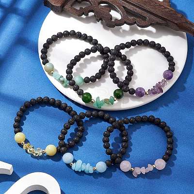 5Pcs Natural Gemstone Round Beads Stretch Bracelet Sets for Women BJEW-JB10981-1