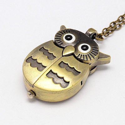 Antique Bronze Alloy Owl Design Openable Pendant Pocket Watch Necklaces with Iron Chains WACH-M011-02-1