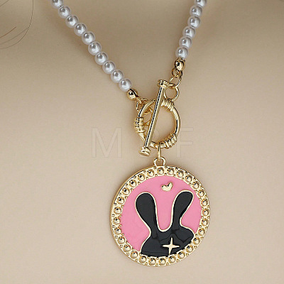 Easter Alloy Enamel Flat Round with Rabbit Pendant White Round Imitation Pearl Beaded OT Necklaces FS-WG9ECA9-01-1