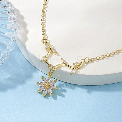Flower & Branch Micro Pave Clear Cubic Zirconia Pendant Necklaces NJEW-TA00143-1
