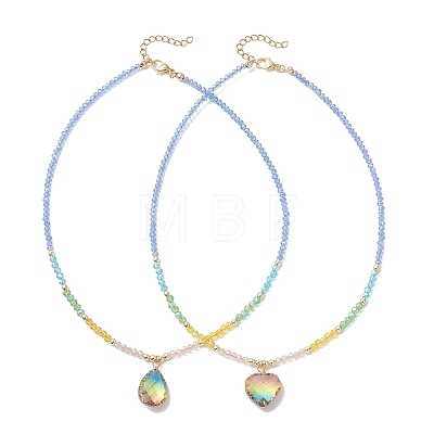 2Pcs 2 Styles Colorful K9 Glass Teardrop Heart Pendant Electroplated Glass Faceted Rondelle Beaded Necklaces NJEW-JN05752-1