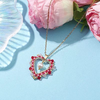 Glass Seed Beads & Shell Pearl Heart Pendant Necklaces NJEW-MZ00042-1