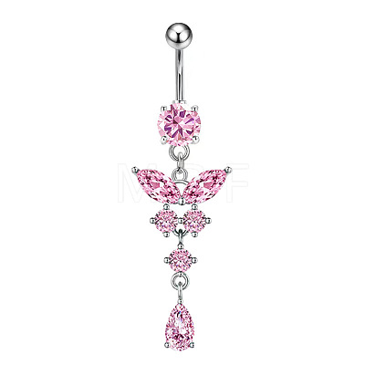 316L Surgical Stainless Steel Cubic Zirconia Butterfly Curved Barbell Dangle Belly Rings WGB11C1-08-1