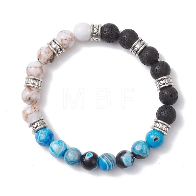 Round Natural Lava Rock & Dyed Fire Crackle Agate & Sea Shell & Synthetic Turquoise Beads Stretch Bracelets for Women BJEW-JB12743-1