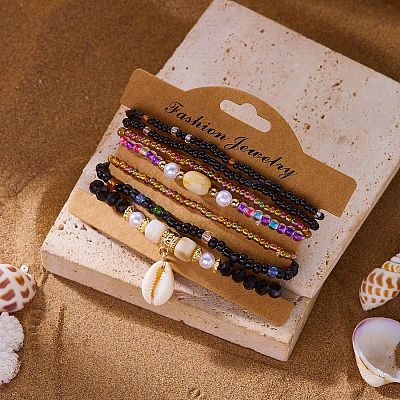 Bohemian Resin & Alloy & Glass Beads & Shell & Plastic Pearls Beaded Stretch Bracelets BJEW-Z169-01E-1