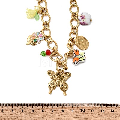 304 Stainless Steel Butterfly & Acrylic & Ceramic Flower Pendant Necklaces for Women NJEW-A063-13G-1