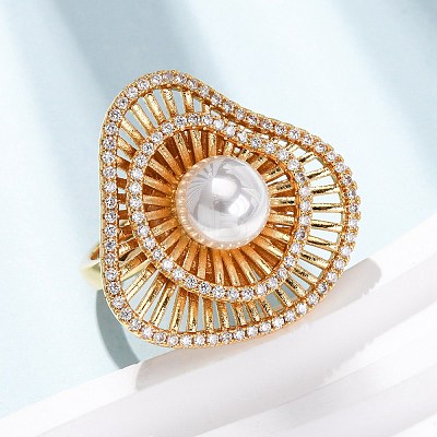 Adjustable Brass Micro Pave Clear Cubic Zirconia with ABS Plastic Pearl Cuff Rings RJEW-G368-04G-1