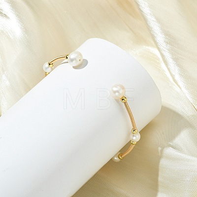 Copper French Wire & Natural Cultured Freshwater Pearl Cuff Bangles BJEW-JB13988-1