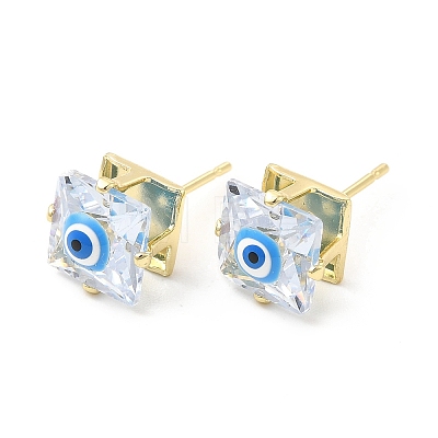 Square Glass with Enamel Evil Eye Stud Earrings EJEW-P210-03G-1