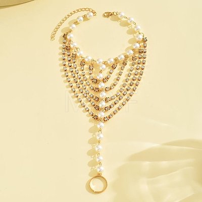 Summer Beach Alloy Crystal Rhinestone & Plastic Pearl Round Beads Link Toe Ring Anklets for Women WGF8F5F-01-1