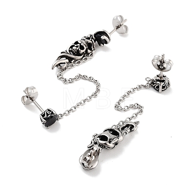 Halloween Skull 316 Surgical Stainless Steel Pave Black Cubic Zirconia Dangle Chains Stud Earrings EJEW-Z050-59AS-1