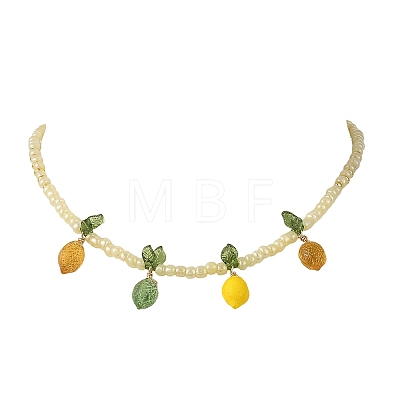 Glass Lemon with Acrylic Leaf Pendant Glass Seed Beaded Necklaces NJEW-JN06426-1