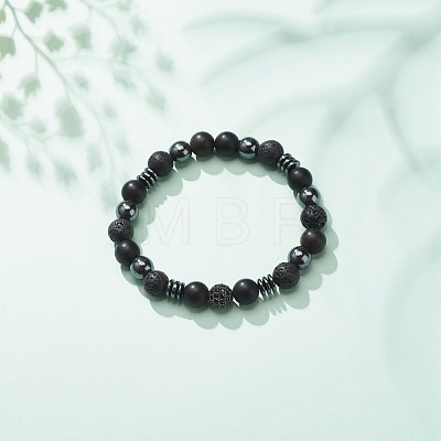 Natural Lava Rock & Synthetic Hematite Beaded Stretch Bracelet BJEW-JB08456-1
