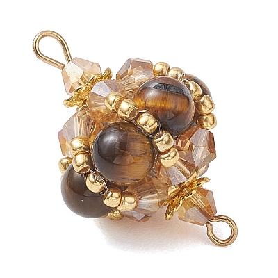 Natural Tiger Eye Round and Glass Seed Beaded Lantern Links Connector Charms PALLOY-MZ01176-02-1