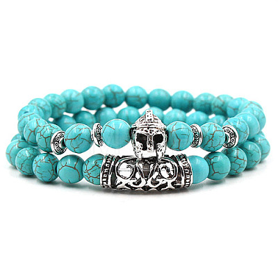 2Pcs Synthetic Turquoise Stretch Bracelet Sets for Women Men IX3190-2-1