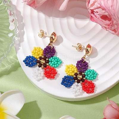 Glass Seed Bead Flower Dangle Stud Earrings for Women EJEW-MZ00268-1