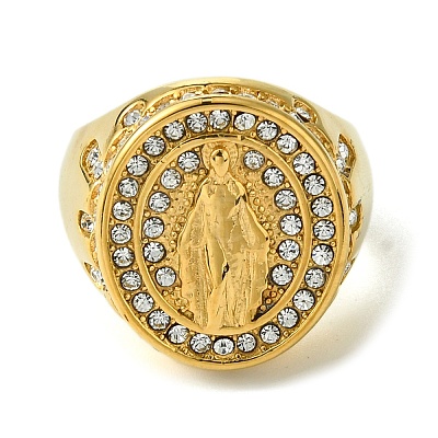 Oval with Saint 304 Stainless Steel Rhinestone Signet Rings RJEW-Q815-01G-1