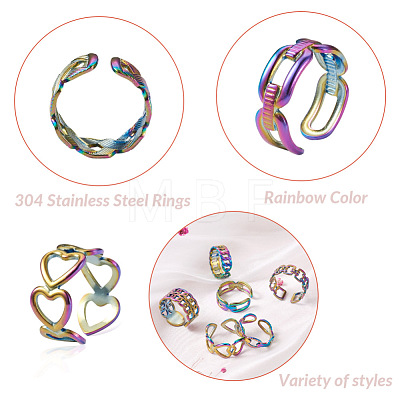 Mega Pet 9Pcs 9 Styles Rainbow Color 304 Stainless Steel Cuff Rings RJEW-MP0001-01-1