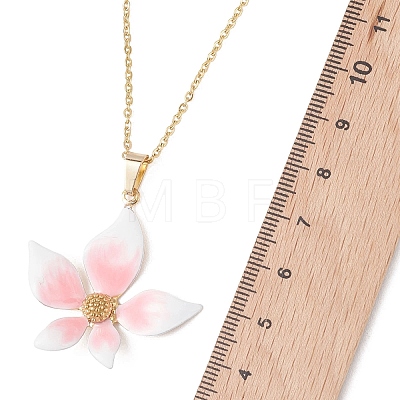 Pink Flower 304 Stainless Steel Enamel Pendant Cable Chain Necklaces for Women NJEW-JN05999-1