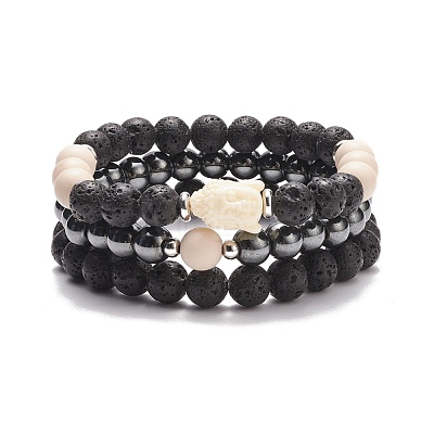3Pcs 3 Style Natural & Synthetic Mixed Gemstone Beaded Stretch Bracelets Set with Buddhist Head for Women BJEW-JB08498-1