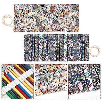 CRASPIRE 2Pcs 2 Style Pattern Handmade Canvas Pencil Roll Wrap AJEW-CP0001-41A-1