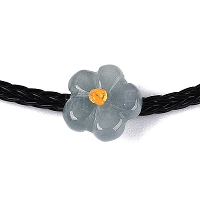 Natural Jadeite Flower Adjustable Cowhide Leather Cord Slider Bracelets with Brass Slider Beads BJEW-N041-05-1