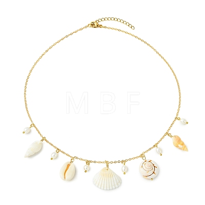Ocean Natural Mixed Shell & Pearl Multiple Pendant Necklaces NJEW-TA00244-1