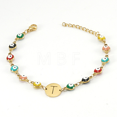 Colorful 304 Stainless Steel & Evil Eye Enamel Flat Round Link Bracelets FS-WGB13F5-20-1