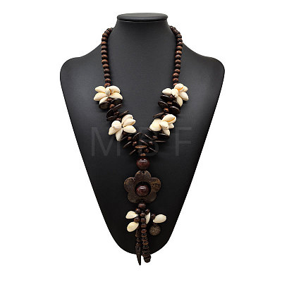 Boho Coconut & Wood & Natural Shell Handmade Ethnic Pendant Long Tassel Beaded Necklaces for Beach Vacation WG0A164-01-1